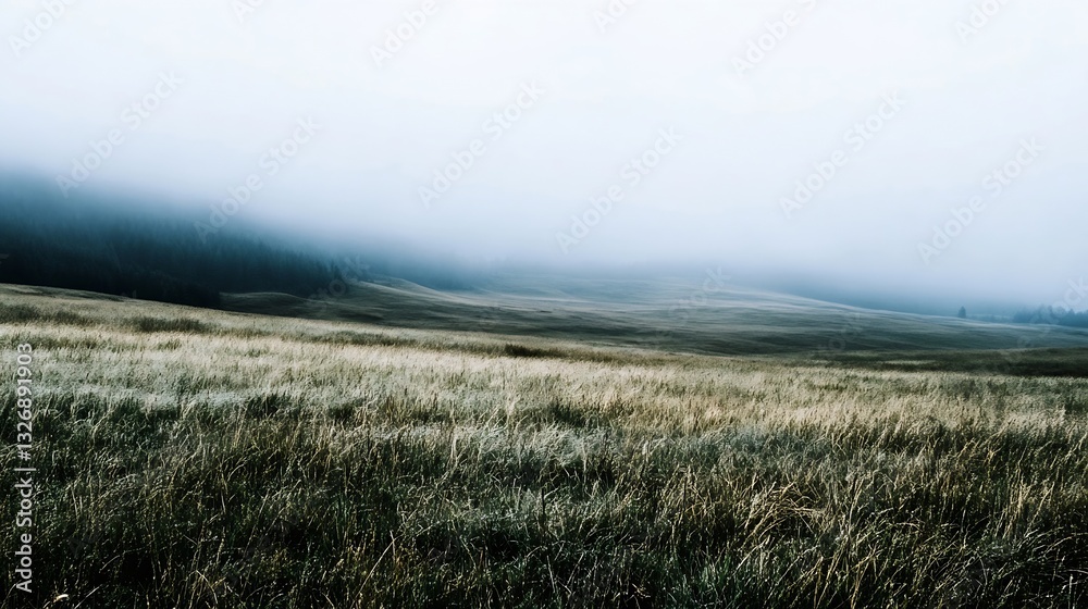 Poster misty landscape with grassy field and fog covering the hills in a serene atmosphere : generative ai