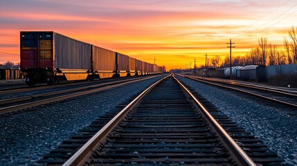 Fototapeta premium Freight train transporting containers at sunset along the railway tracks : Generative AI