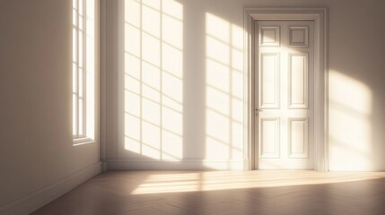 Sunlight streams into a room with white walls a door and a wood floor