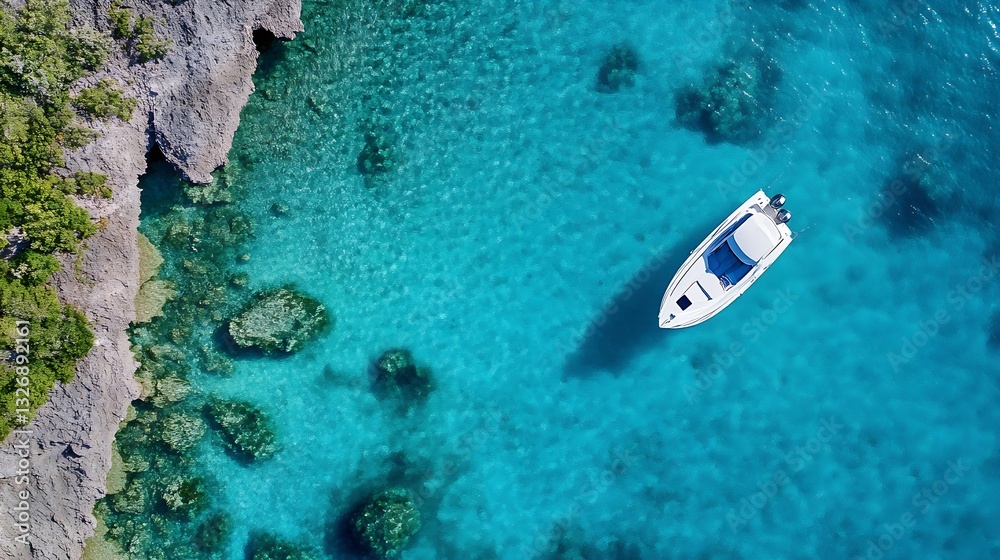 Poster aerial view of a serene boat floating in crystal clear turquoise waters next to rocky shores : gener