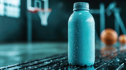 Close-up of a dewy blue sports drink bottle, showcasing its refreshing allure, set against a blurred basketball court, highlighting the essence of sports hydration.