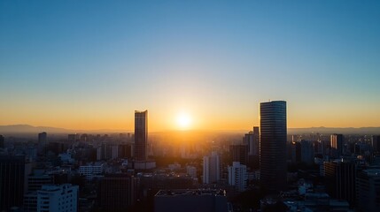 Obraz premium City skyline at sunset with tall buildings silhouetted against an orange sky : Generative AI