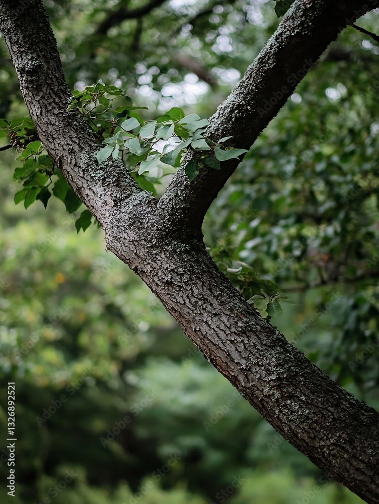 Poster Close up of a tree branch adorned with vibrant green leaves in a lush green forest setting : Generative AI
