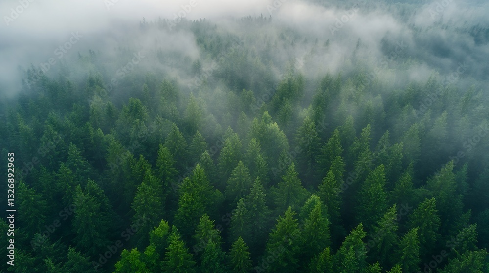 Poster Aerial view of lush evergreen forest shrouded in mist creating a serene and tranquil landscape : Generative AI