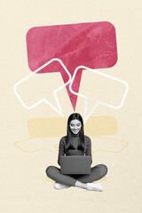 Art image vertical photo collage of happy girl type laptop receive email icon message...