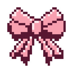 8-bit pink ribbon bow isolated on background. Pixel art. Trendy y2k design element