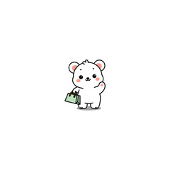 Cute polar bear holding shopping bag and waving paw cartoon, vector illustration