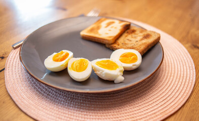 delicious breakfast from boiled eggs and toast