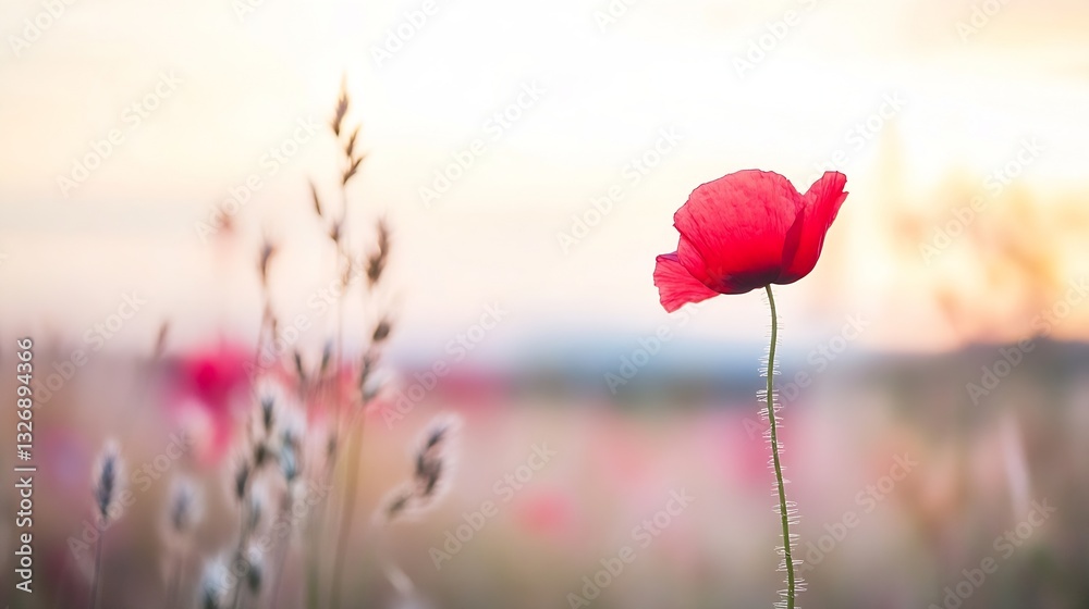 Poster vibrant single red poppy blooming gracefully in a softfocused meadow surrounded by delicate grasses 
