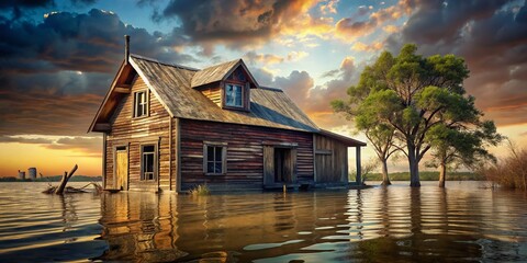 Fototapeta premium Flooded Wooden House: Disaster Relief & Climate Change Impact Stock Photo
