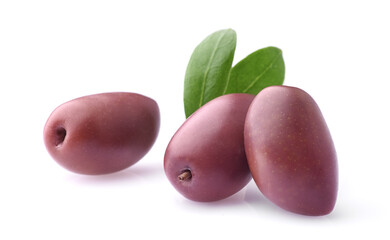 Kalamata olives with leaves on white background
