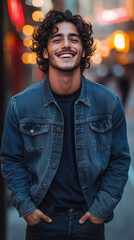 Fototapeta premium Smiling Young Man in a Denim Jacket Standing in a Vibrant City Street