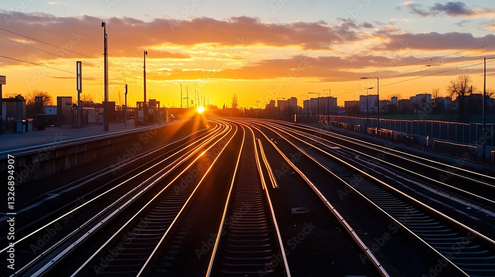 Poster sunset view of train tracks stretching into the distance with warm colors illuminating the sky : gen