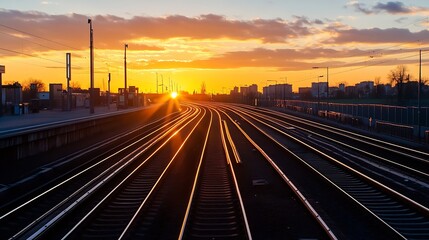 Fototapeta premium Sunset view of train tracks stretching into the distance with warm colors illuminating the sky : Generative AI