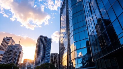 Modern city skyline featuring reflective glass buildings illuminated by a vibrant sunset and cloudy sky : Generative AI