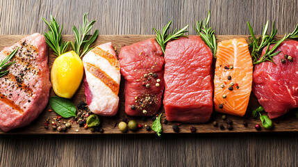 Fresh raw meats and fish including beef, pork, and salmon are arranged on wooden board with herbs, spices, and lemon wedge, creating vibrant and appetizing display