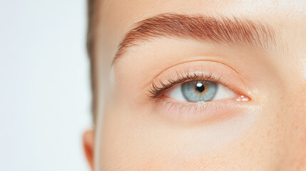 Close up of human eye with blue iris and natural eyelashes, showcasing details of skin and brow. image conveys sense of calm and focus