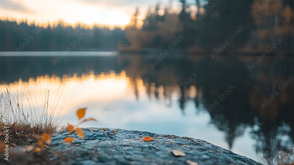 Poster stunning lakeside view during autumn with colorful leaves and tranquil reflections on the water : ge