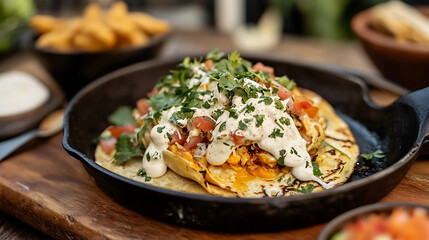 delicious omelette filled with seasoned ingredients, topped with fresh diced tomatoes, creamy sauce, and chopped cilantro, served in rustic cast iron skillet on wooden table