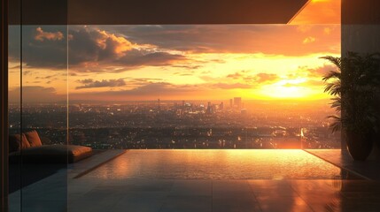 Sunset Over Cityscape from Modern Rooftop Pool, Golden Hour Reflections