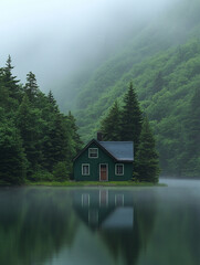 Fototapeta premium Serene green cabin by a misty lake surrounded by trees