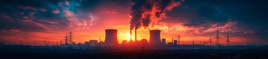 A Powerful Nuclear Plant Surrounded by Infrastructure and Power Lines Under a Stunning Sunset Sky. Generative AI
