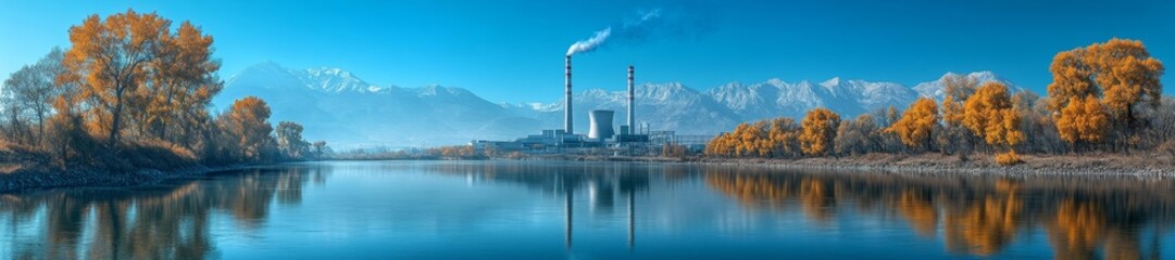 Obraz premium Calm Reflections of an Industrial Power Plant by a River in Autumn. Generative AI