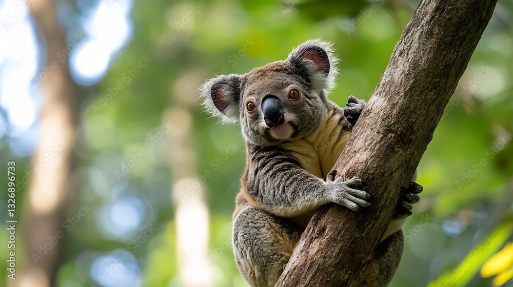 Poster adorable koala resting on a tree trunk capturing the beauty of wildlife in its natural habitat : gen