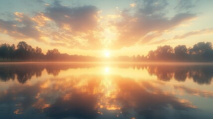 Obraz premium Calm sunrise over misty lake, trees reflected, peaceful morning scene