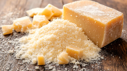 Naklejka premium block of Parmesan cheese with grated cheese and chunks on rustic wooden surface, showcasing its rich texture and aged appearance. cheese has slightly crumbly texture with golden hue
