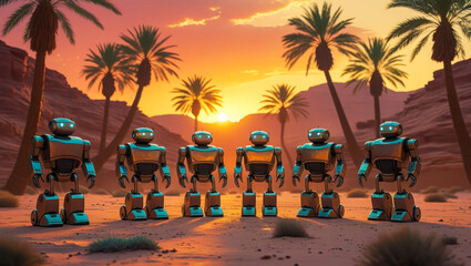 Group of robot walking and relaxing on a tropical beach with palm trees, clear water, and a sunny sky, perfect for a summer vacation by the ocean