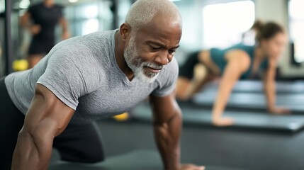 Focused elderly man exercising in gym with determination while others workout in background : Generative AI