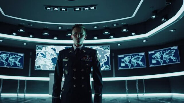 A serious military commander in a dark uniform standing in a high-tech command center with screens in the background. Tense, strategic, and authoritative scene from a futuristic setting.
