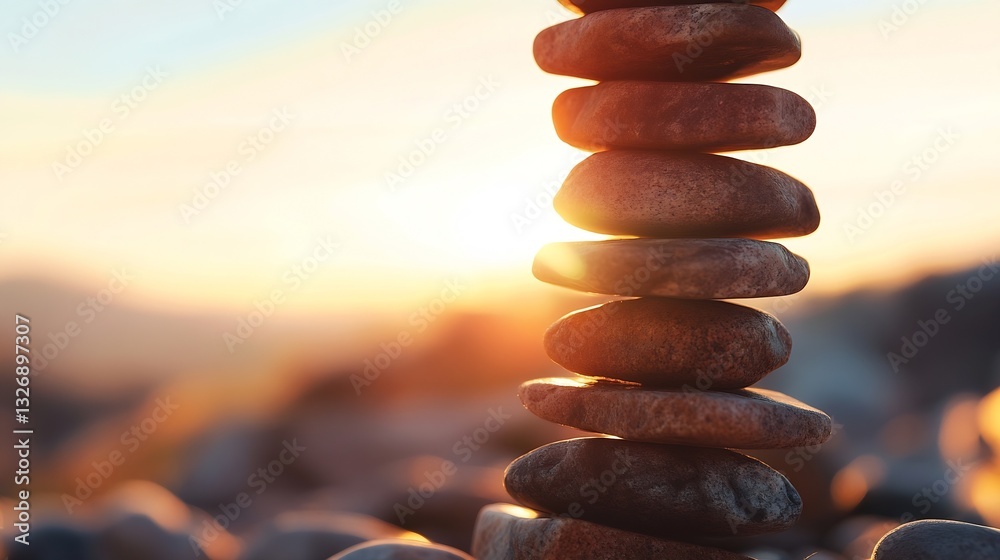 Poster stack of smooth pebbles carefully balanced on top of each other against a beautiful sunset : generat