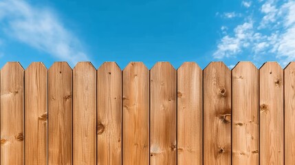 Wooden Fence Against Blue Sky With Fluffy Clouds