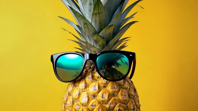 A colorful pineapple with trendy sunglasses contrasts against a yellow background, evoking an uplifting summer vibe that embodies joy, carefree vacations, and the happiness of the sunny season