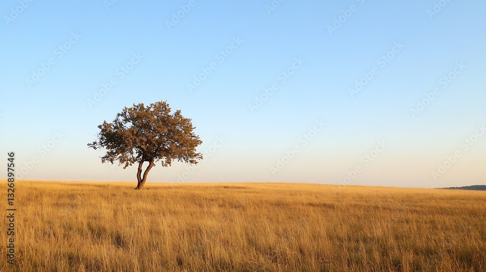 Poster lone tree stands in golden field under a clear sky symbolizing peace and tranquility : generative ai