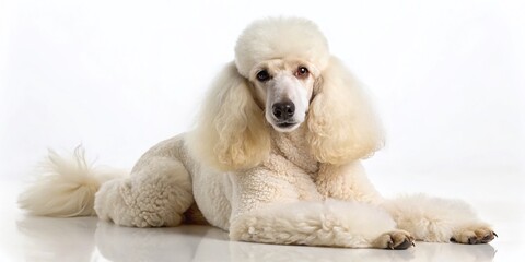 Fluffy White Poodle Dog Relaxing on Studio Background - Pet Photography