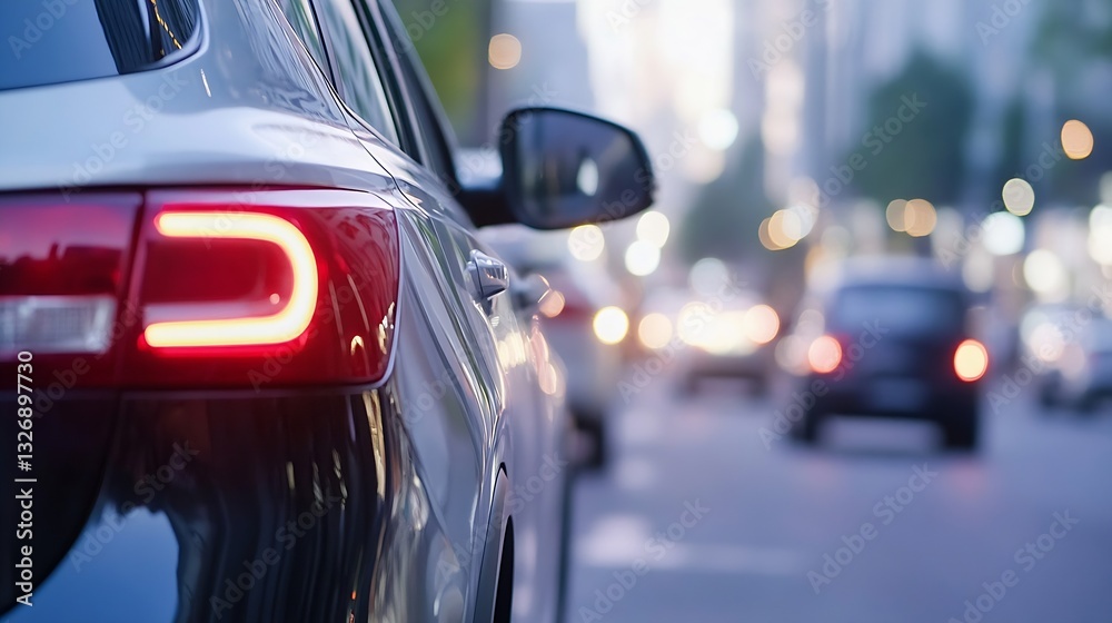 Aufkleber rear view of a modern car parked in a vibrant city scene full of life and motion during twilight hou