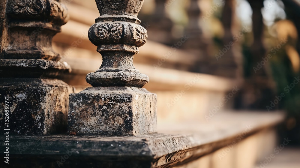 Aufkleber Ancient Stone Pillars with Intricate Designs and Textures in a Historic Architecture Setting : Generative AI