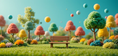 Colorful Whimsical Landscape with Floating Balls and Wooden Bench in Surreal Nature Setting