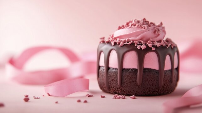 Decadent chocolate cake with pink frosting and ribbon decoration