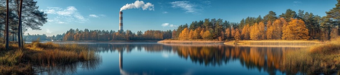 Obraz premium A nuclear plant on the edge of a lake with forest surroundings and reflection in the water. Generative AI
