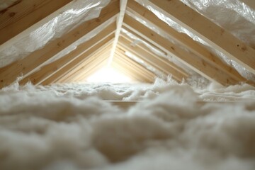 Ceiling Joists in New House Construction: Unfinished Attic with Wooden Roof Beams and Vapor Barrier Film
