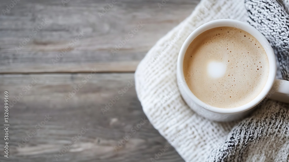 Poster A cozy cup of freshly brewed coffee resting on a knitted blanket in a rustic setting : Generative AI