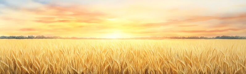 Fototapeta premium Golden field of wheat under a vibrant sunset sky, evoking tranquility and abundance.