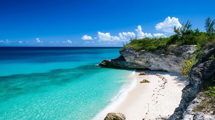 Fototapeta premium A serene beach with crystal clear turquoise water and rocky coast under a bright sunny sky : Generative AI