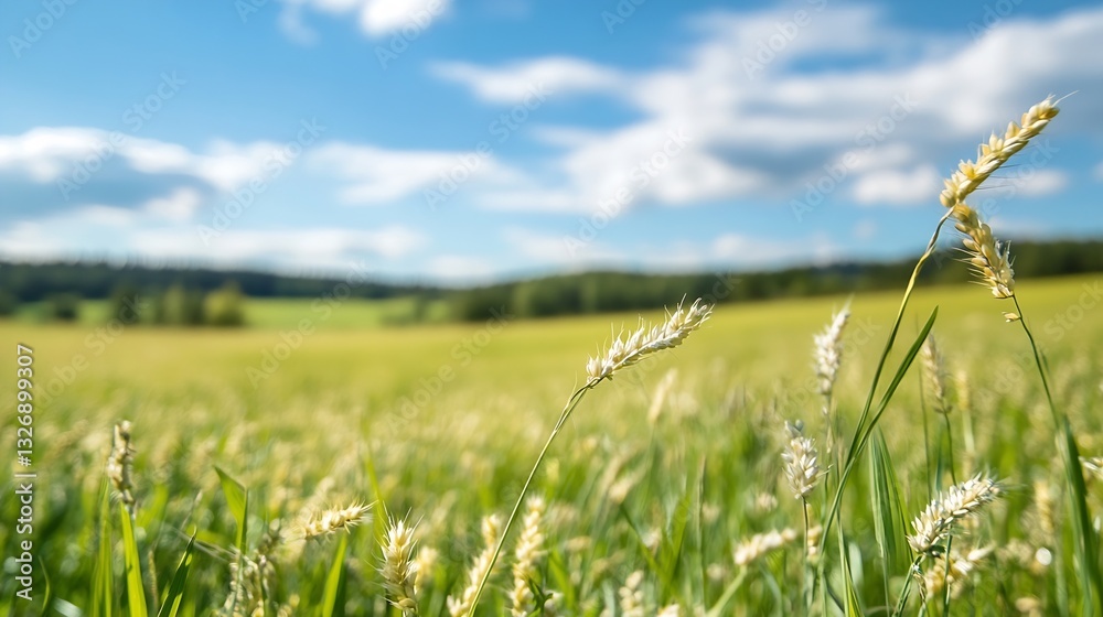 Poster stunning wide angle view of golden field with tall grass against a clear blue sky and fluffy clouds 