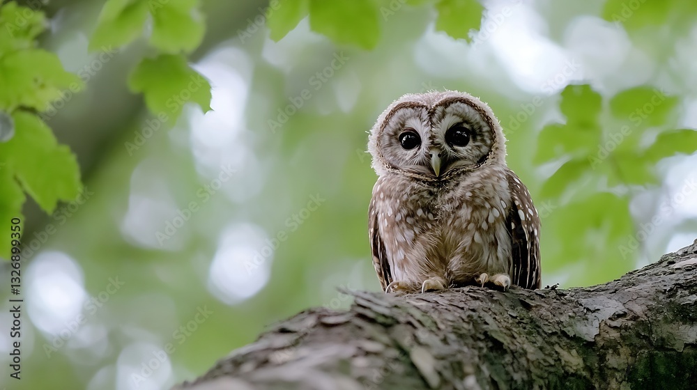 Poster Closeup of an adorable owl perched on a branch surrounded by vibrant green leaves and soft bokeh background : Generative AI