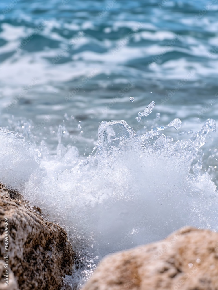 Poster dynamic picture of ocean waves crashing against rocks with white spray on a sunny day : generative a